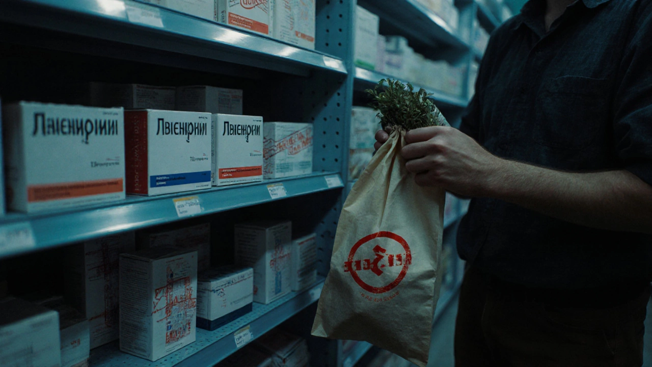 Запрещённый зверобой в аптеке с красной этикеткой &#039;ЗАПРЕЩЕНО&#039; на полке.