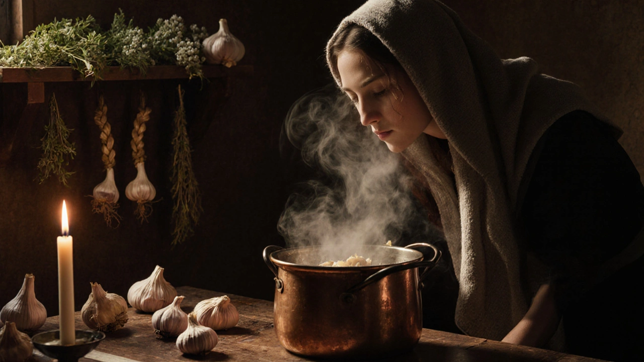 Женщина дышит паром от чеснока в кухне, рядом висят сушёные травы и головки чеснока.