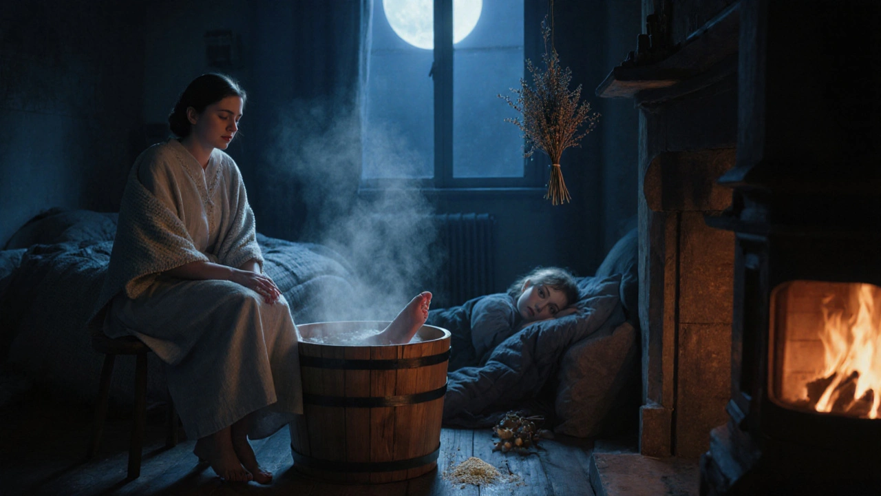 Женщина парит ноги в горчичной ванне в спальне, ребёнок спит в кровати под одеялами.