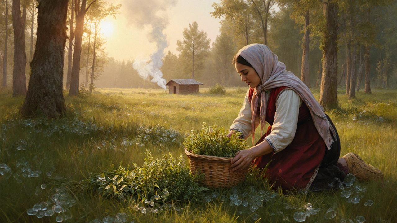 Женщина собирает лекарственные травы в лесу у Волги на рассвете, корзина и роса на траве.