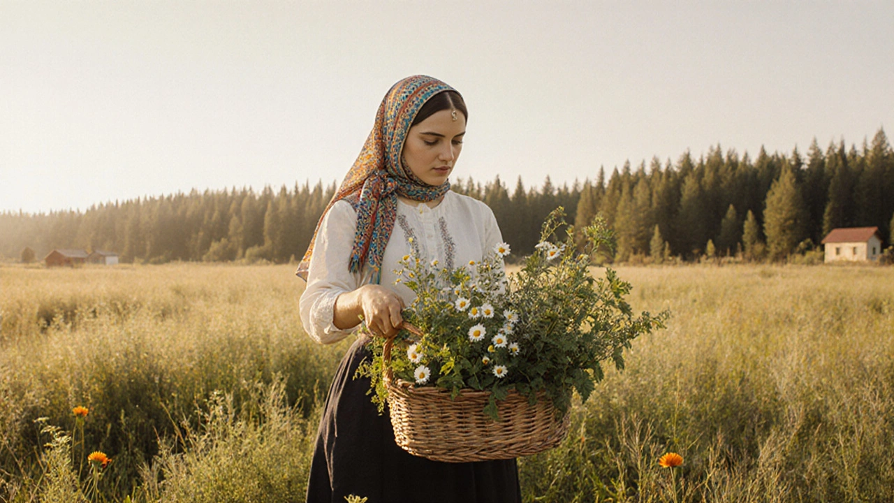 Женщина собирает лекарственные травы в солнечном лугу за городом.