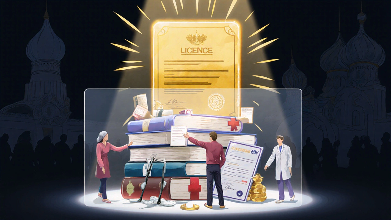 Золотая лицензия врача над дипломами и инструментами, другие специалисты не могут к ней прикоснуться