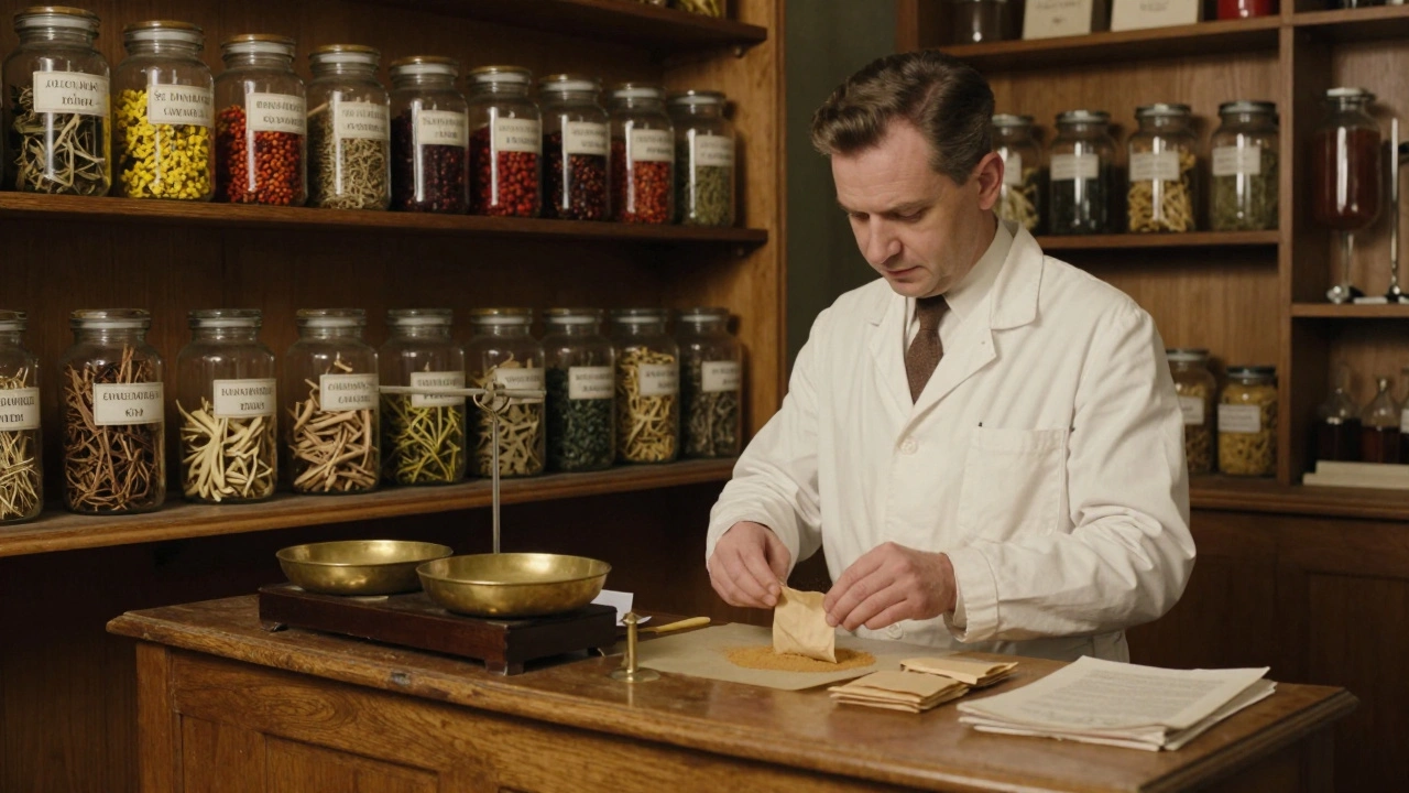 Аптека в стиле СССР с полками из стеклянных банок и аптекарем, измеряющим травяной порошок.