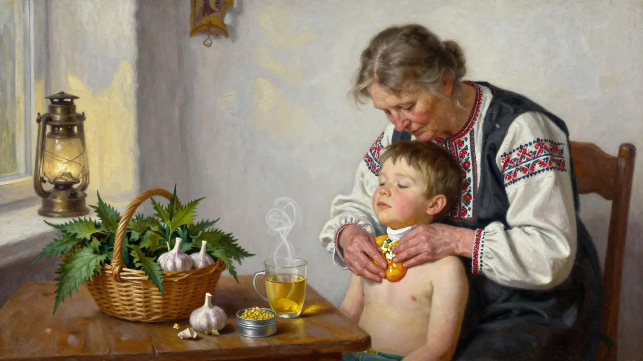 Бабушка прикладывает компресс из картофеля и мёда ребёнку на грудь, рядом лежат травы.