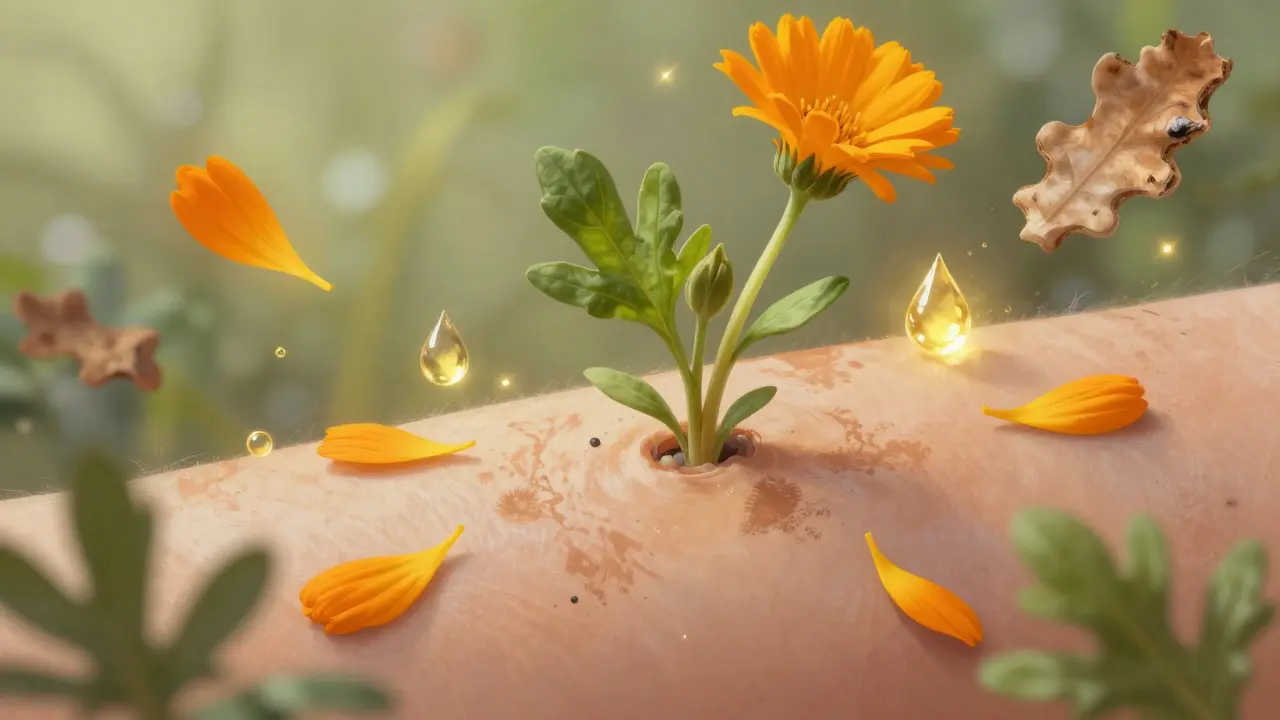 Близкий план здоровой кожи, восстанавливающейся после грибка, с элементами лекарственных трав.