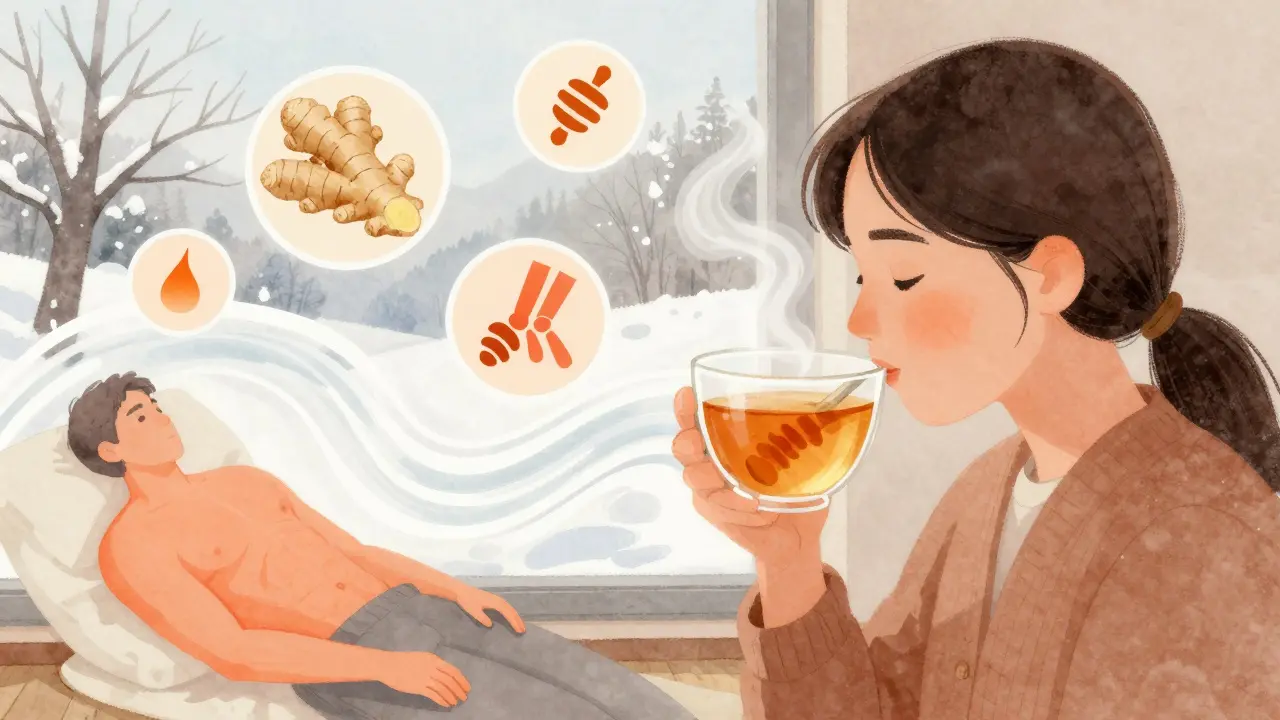 Человек пьет имбирный чай с медом, пар поднимается в виде успокаивающих волн.