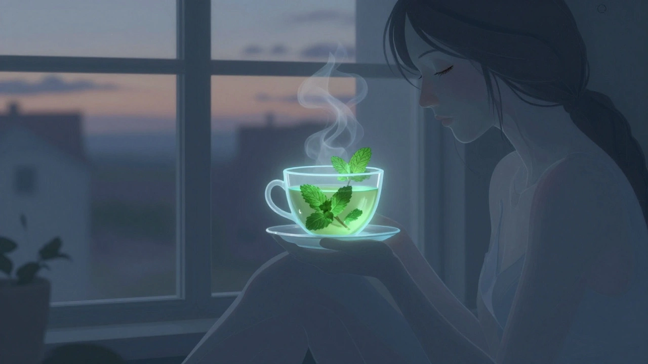 Человек пьёт мятный чай вечером, вокруг него — лёгкие испарения, символизирующие спокойствие.