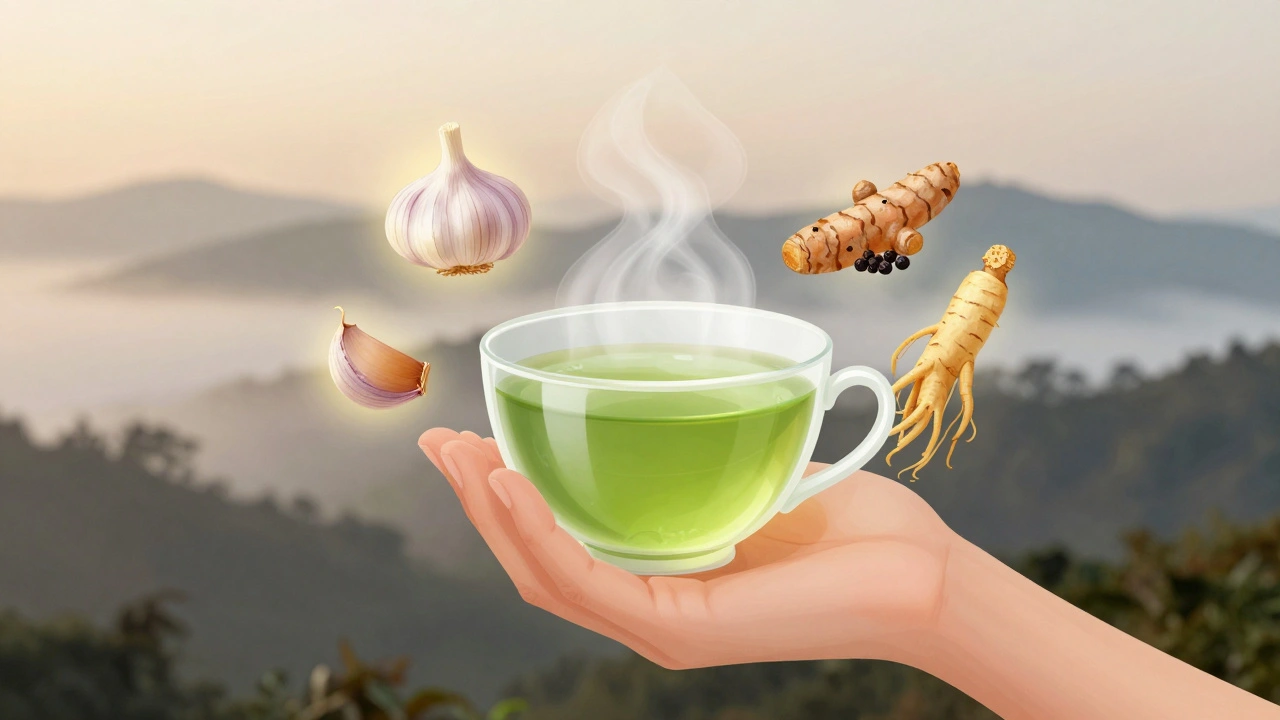 Человек пьёт зелёный чай, вокруг него парят символы чеснока, куркумы и женьшеня в рассветном свете.