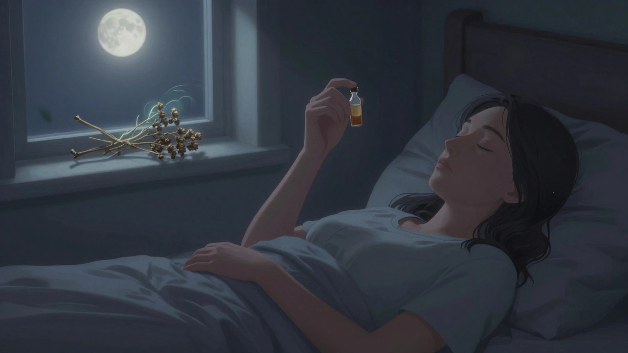 Человек принимает настойку валерианы перед сном в тихой спальне.