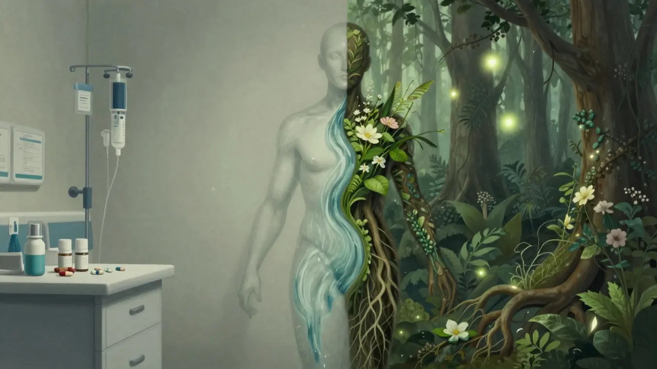 Человек с одной стороны в больнице, с другой — в лесу с травами, символизирующий фитотерапию.