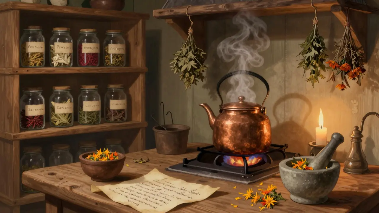 Деревянная аптечка с банками лекарственных трав и кипящим отваром в русской избе.