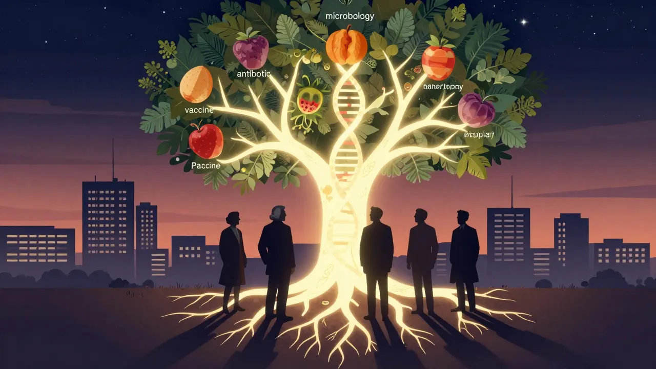 Дерево медицинских открытий с плодами: вакцина, антибиотик, микробиология, трансплантация.