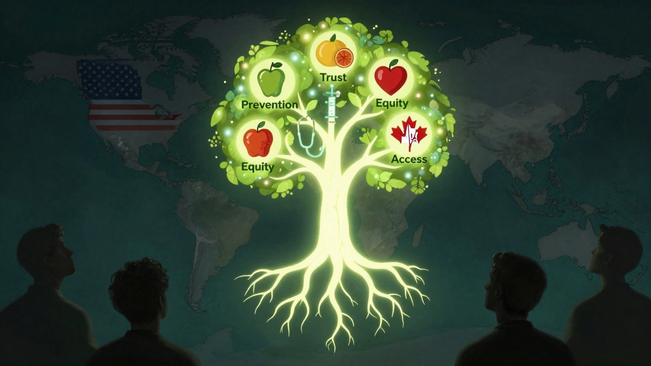 Дерево здоровья с плодами профилактики, доверия и равенства, растущее из карты мира.