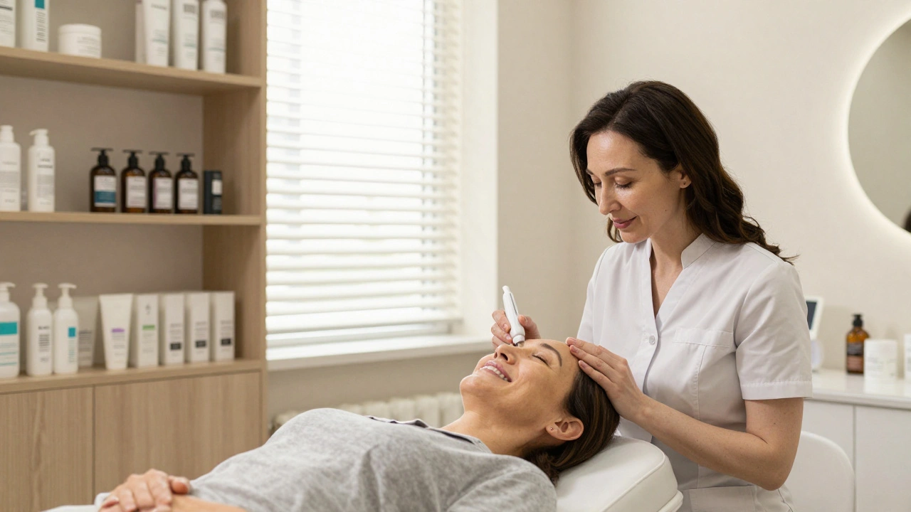 Дерматолог в частной клинике Казани проводит процедуру пациентке при тёплом свете, интерьер современный и спокойный.