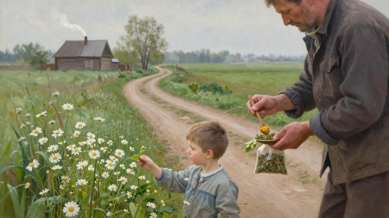 Девочка собирает подорожник и ромашку у дороги в весеннем селе, рядом старик с мешочком трав.