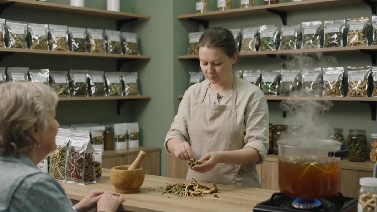 Фитотерапевт в Казани готовит сбор трав для пациента в современном фитоцентре.