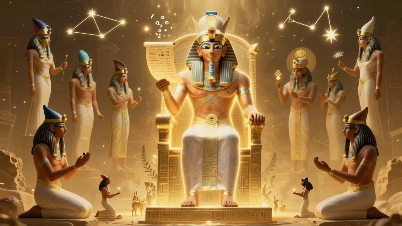 Имхотеп как божество на троне, окружённый символами исцеления и звёздами.