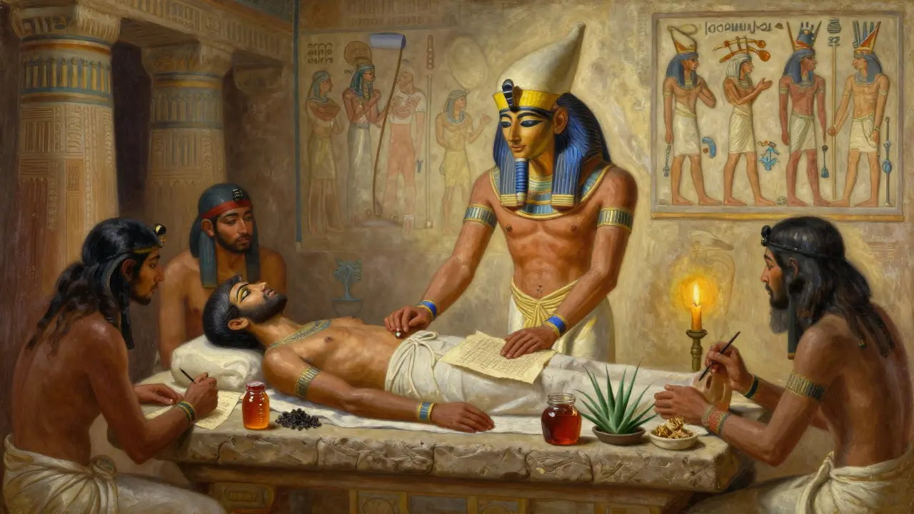 Имхотеп осматривает пациента в храмовой клинике с лекарствами и учениками.