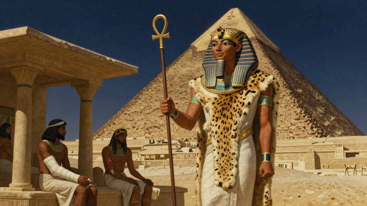 Имхотеп в ceremonial robes стоит у ступенчатой пирамиды, рядом с пациентами на лечении.