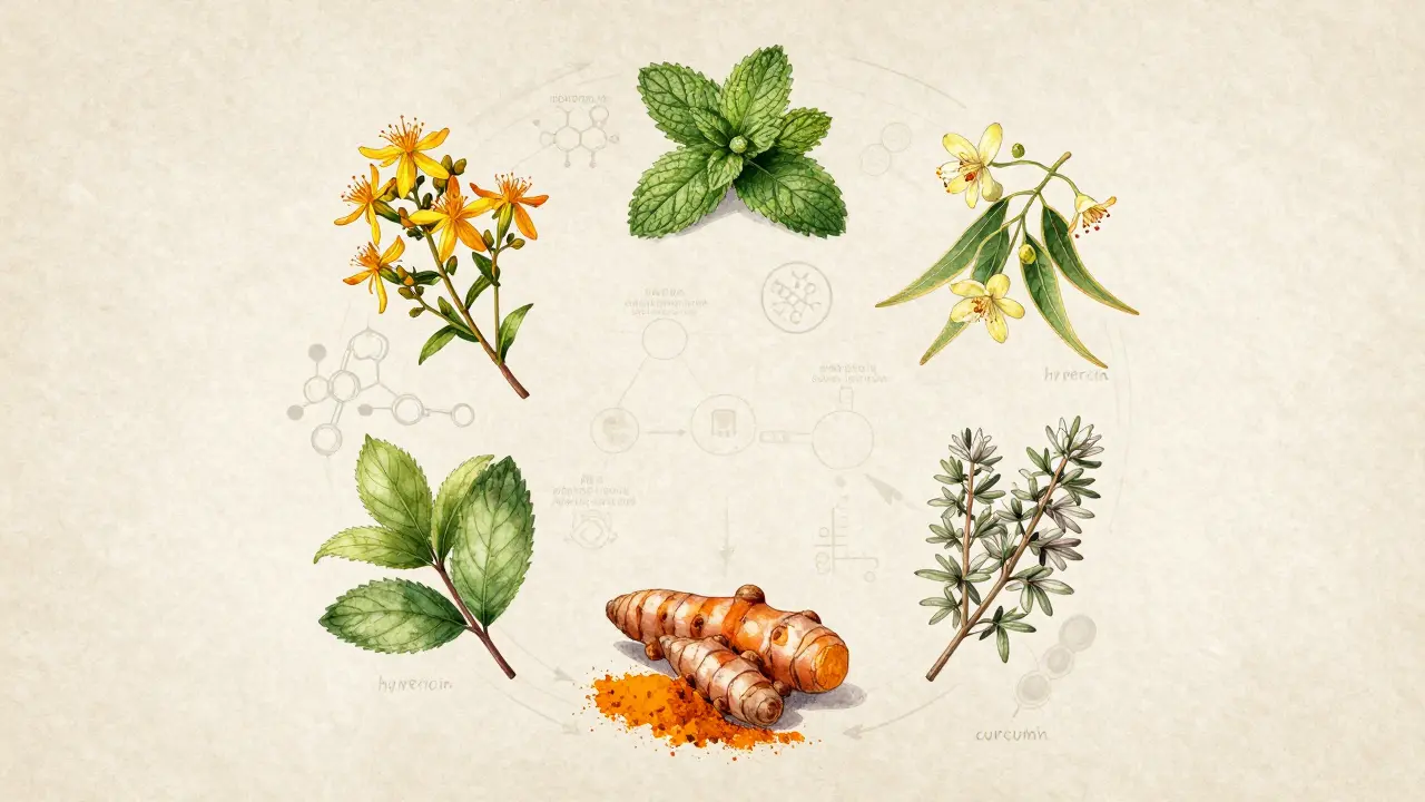 Пять лекарственных растений с научными символами в виде ботанической мандалы.
