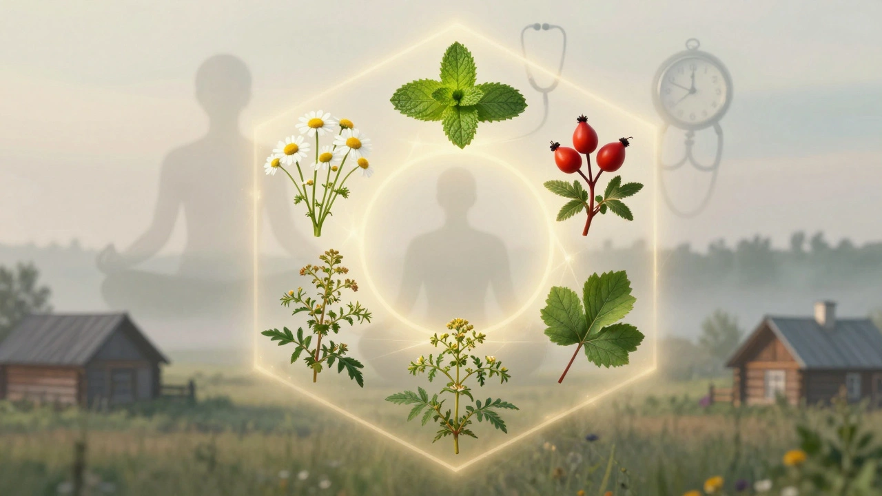 Пять трав в виде защитного круга с мягким светом, на фоне русского пейзажа.