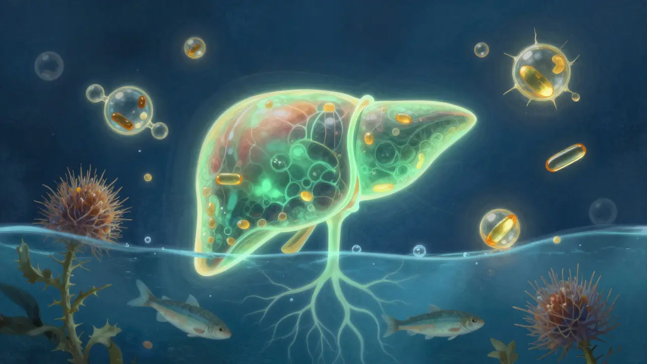 Печень, излучающая зеленый свет, окружена молекулами силимарина и омега-3, с корнями расторопши и рыбами.