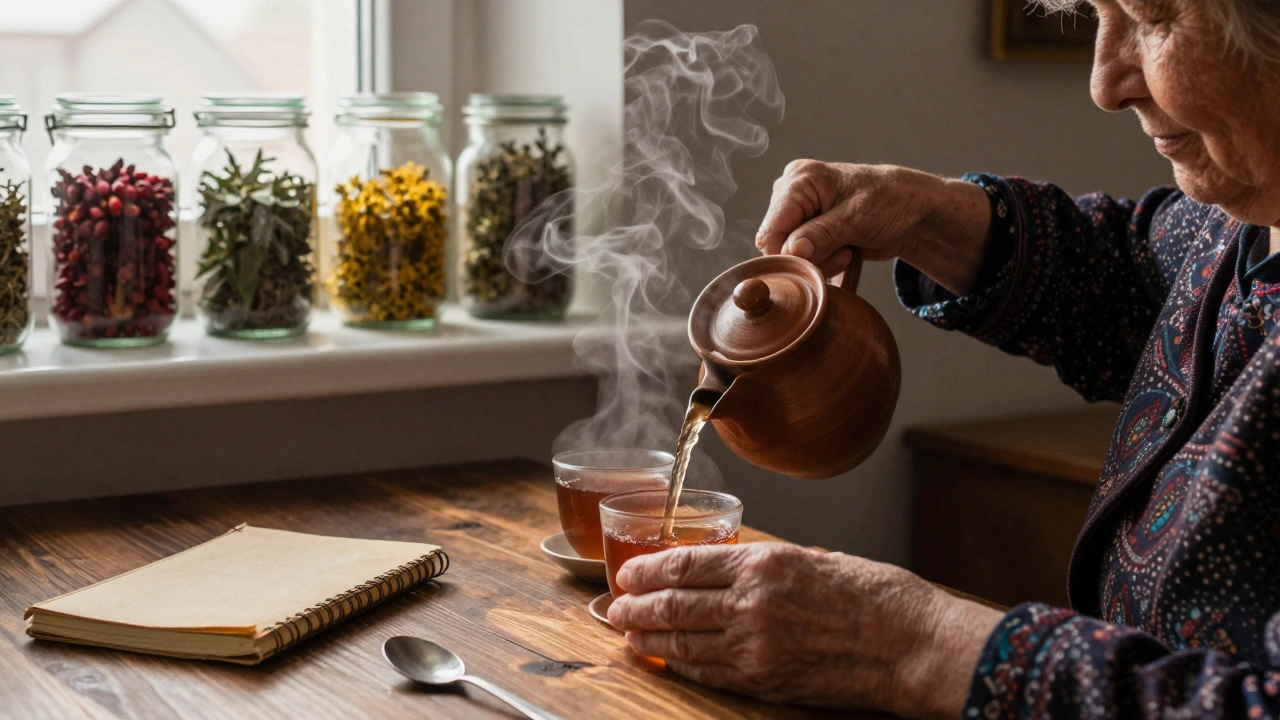 Пожилая женщина наливает травяной чай в керамические кружки.