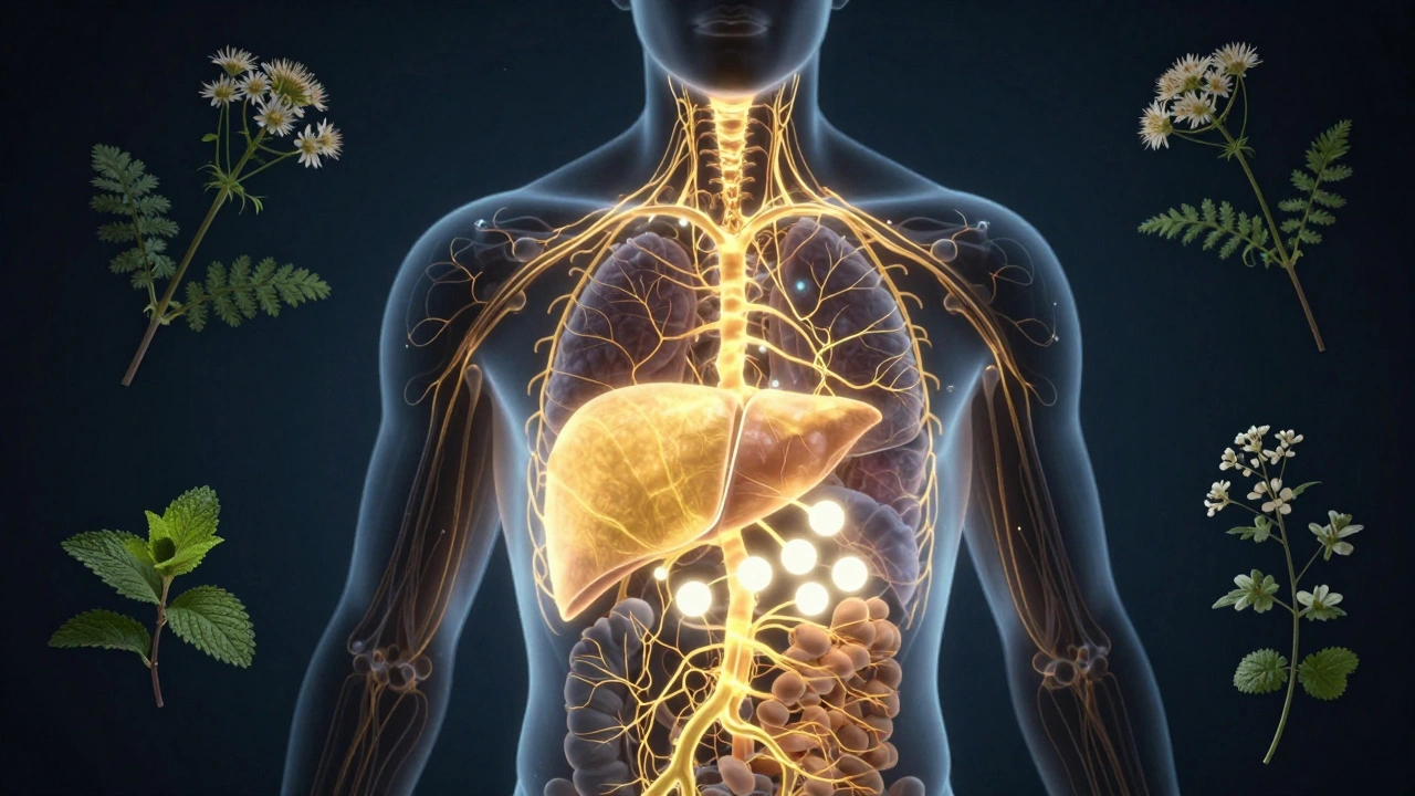 Прозрачный силуэт человека с подсвеченными органами и плавающими лекарственными растениями.