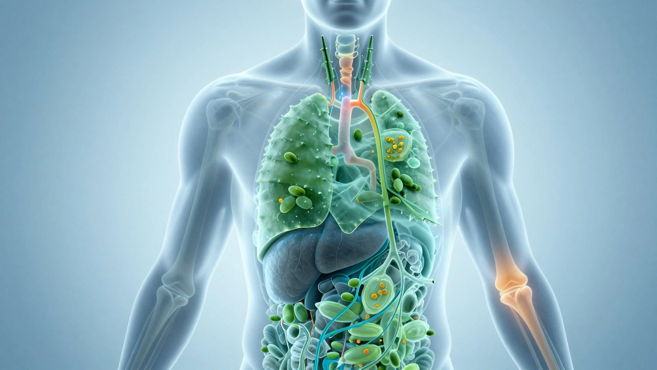 Прозрачный силуэт человека с внутренними органами, озарёнными светом целебных растений.