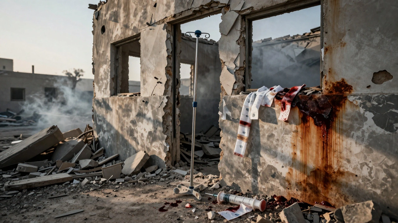 Разрушенная больница в Йемене среди руин с брошенными медицинскими предметами.