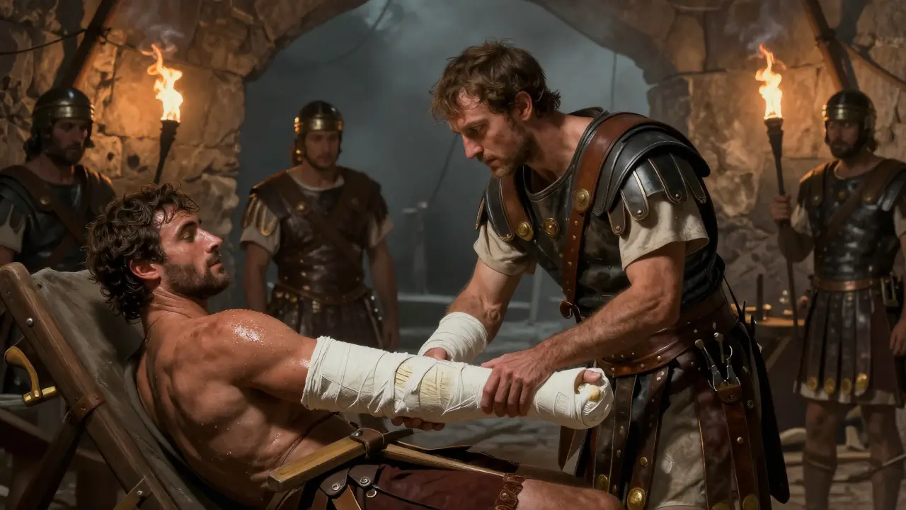 Римский военный врач накладывает гипсовую повязку на руку солдата в полевом лагере.