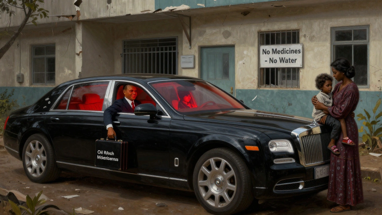 Роскошный автомобиль у закрытой больницы в Анголе, мать с больным ребёнком у входа.