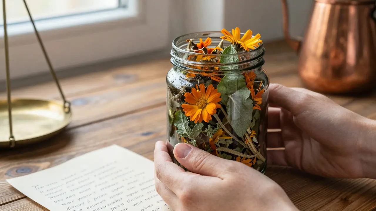 Руки держат стеклянную банку с сушёными травами на деревянном столе.