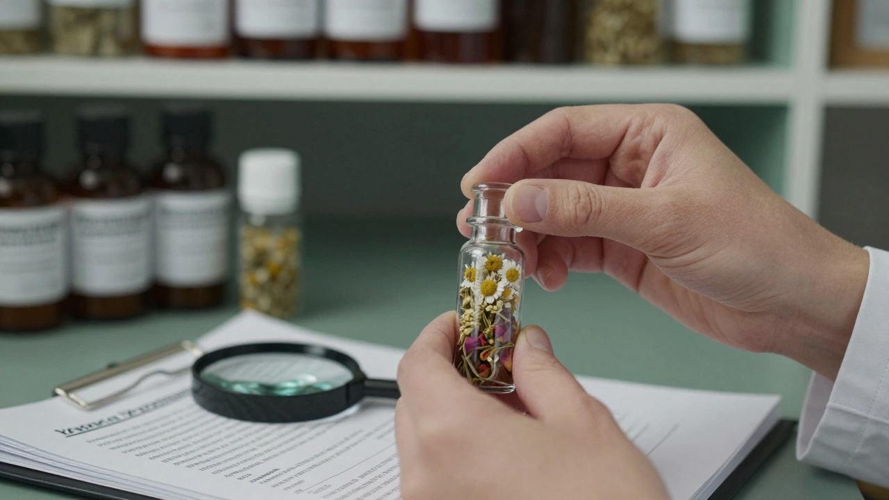 Руки специалиста отмеряют лекарственные травы в аптеке, рядом — научный журнал и фармацевтические этикетки.