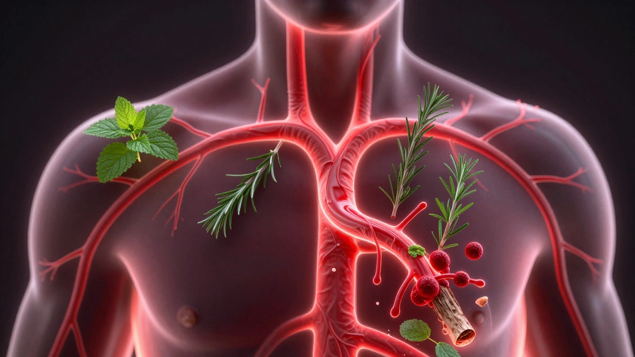 Схема кровеносной системы, где травы растворяются в крови, разжижая сгустки, мягкий свет подчёркивает естественное очищение.