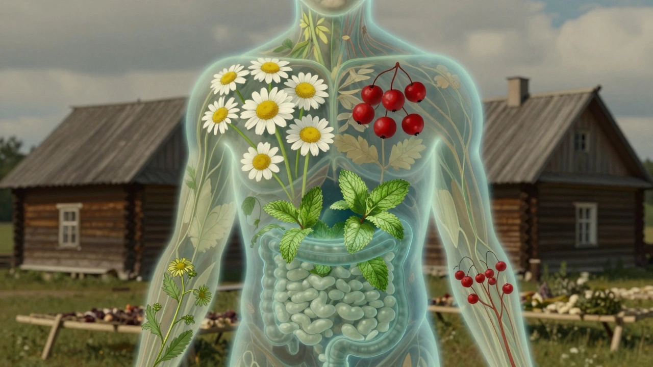 Схематическое изображение тела, олицетворяющее действие трав на органы.