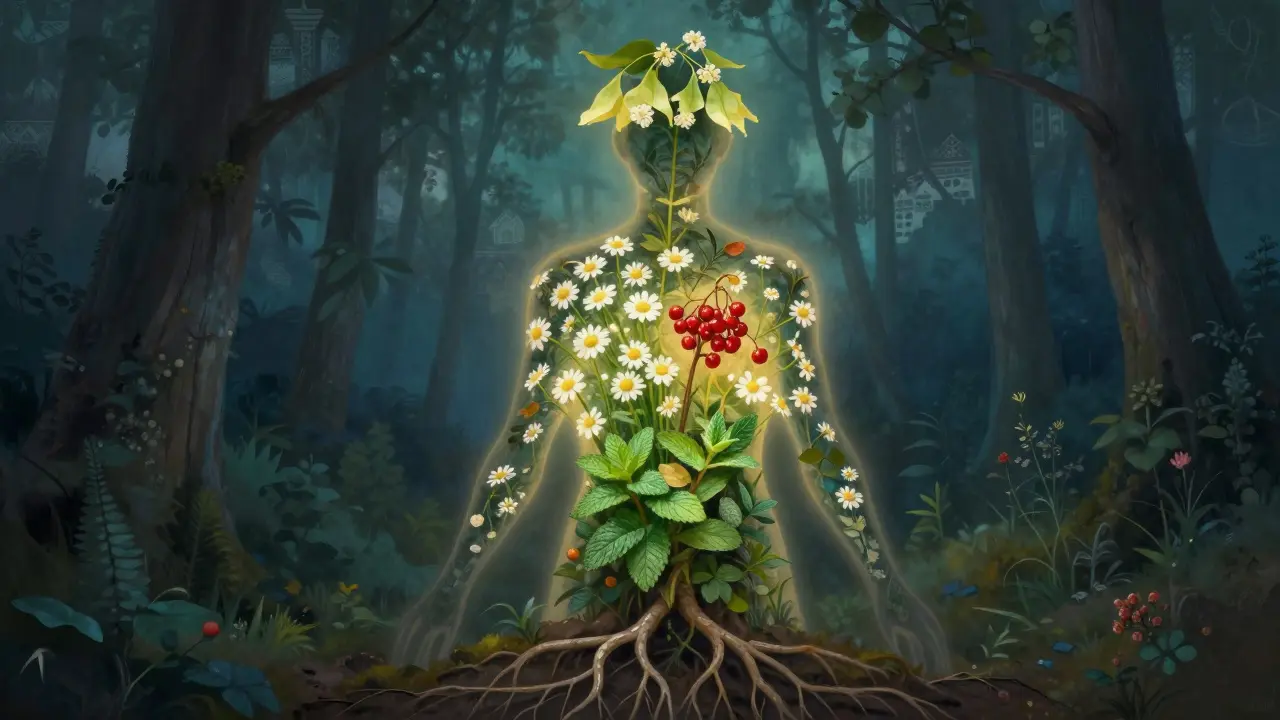 Силуэт человека, наполненный светящимися лекарственными растениями, символизирующий целебную силу природы.