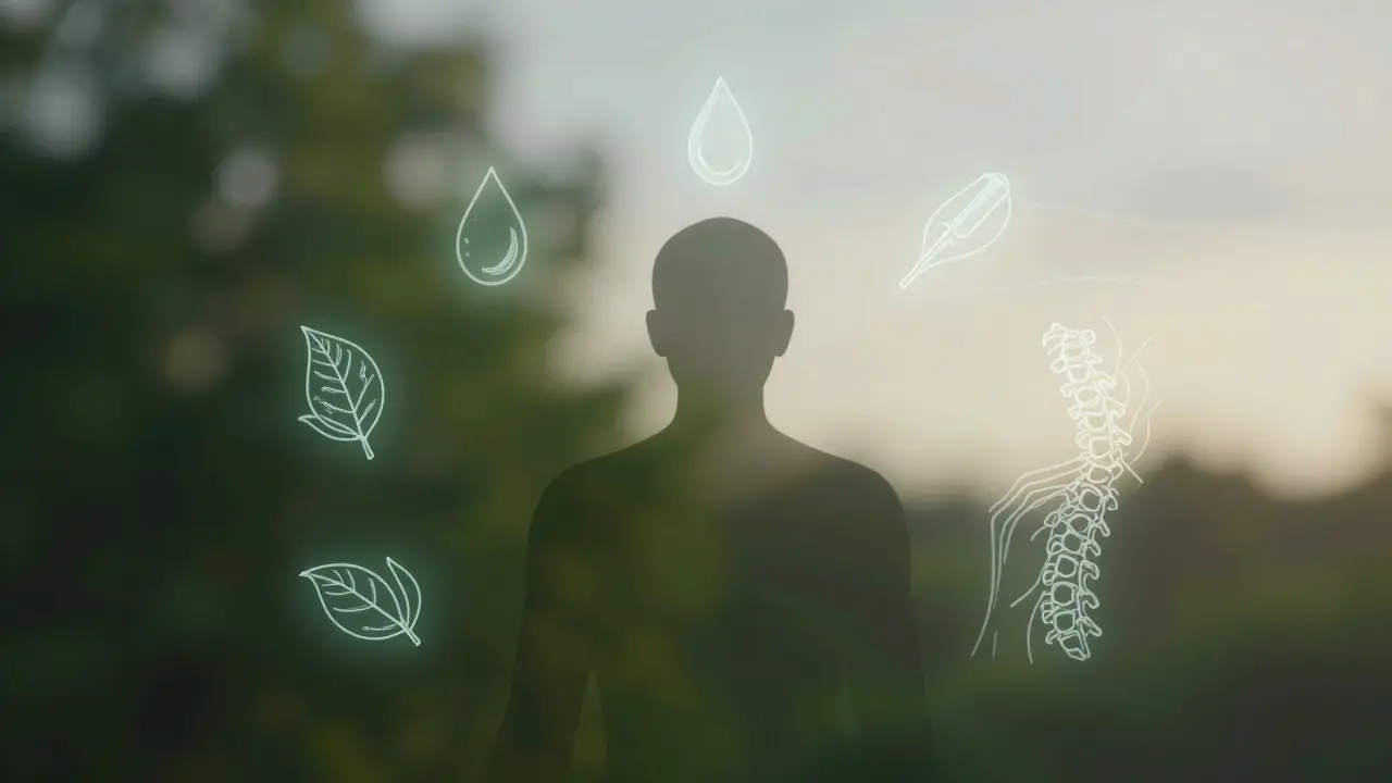 Силуэт человека окружён символами трав, игл, масел, массажа и энергии, плавающими в мягком свете.