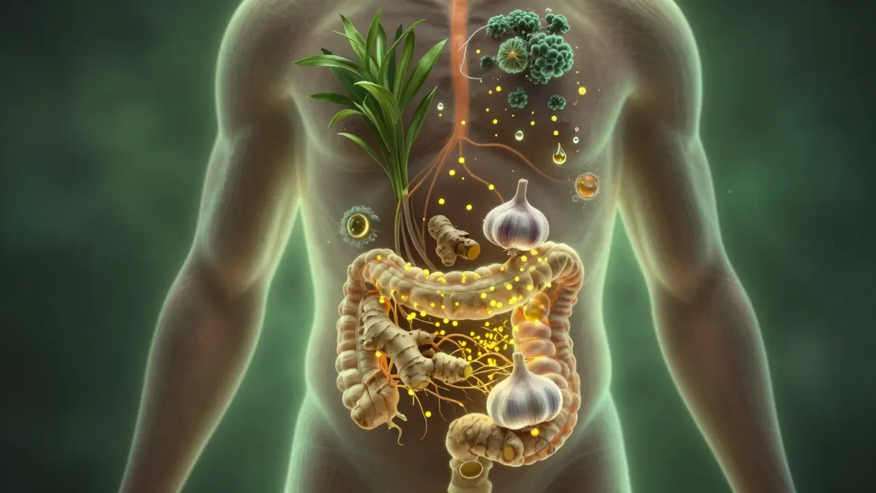 Силуэт человека с целебными травами, воздействующими на внутренние органы и грибковые очаги.