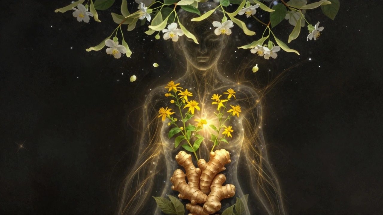 Силуэт человека, внутри которого — травы, светящиеся как часть тела, в тёмном ночном небе.