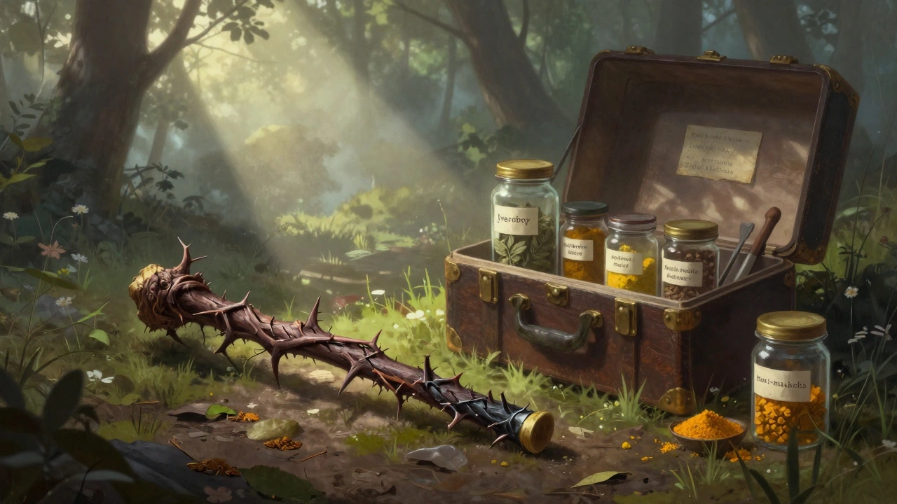 Сломанная волшебная палка рядом с набором проверенных травяных сборов на рассвете.