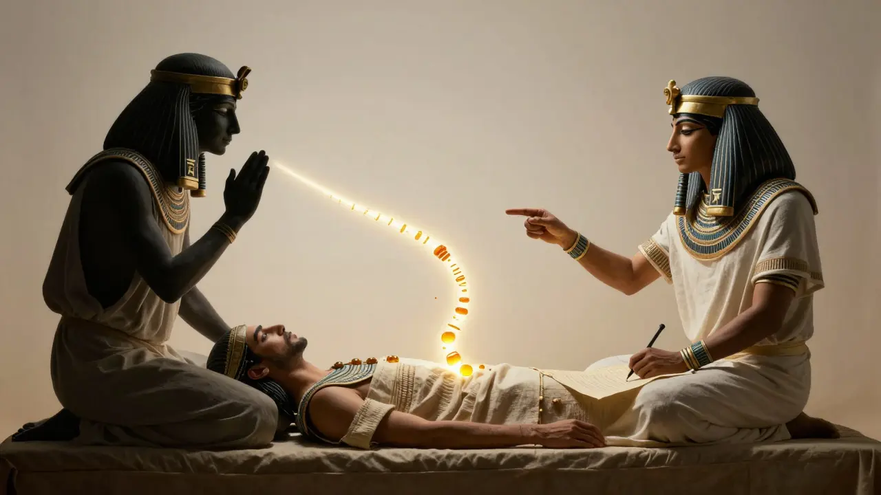 Сравнение: магический целитель слева и Имхотеп с пульсом и папирусом справа.