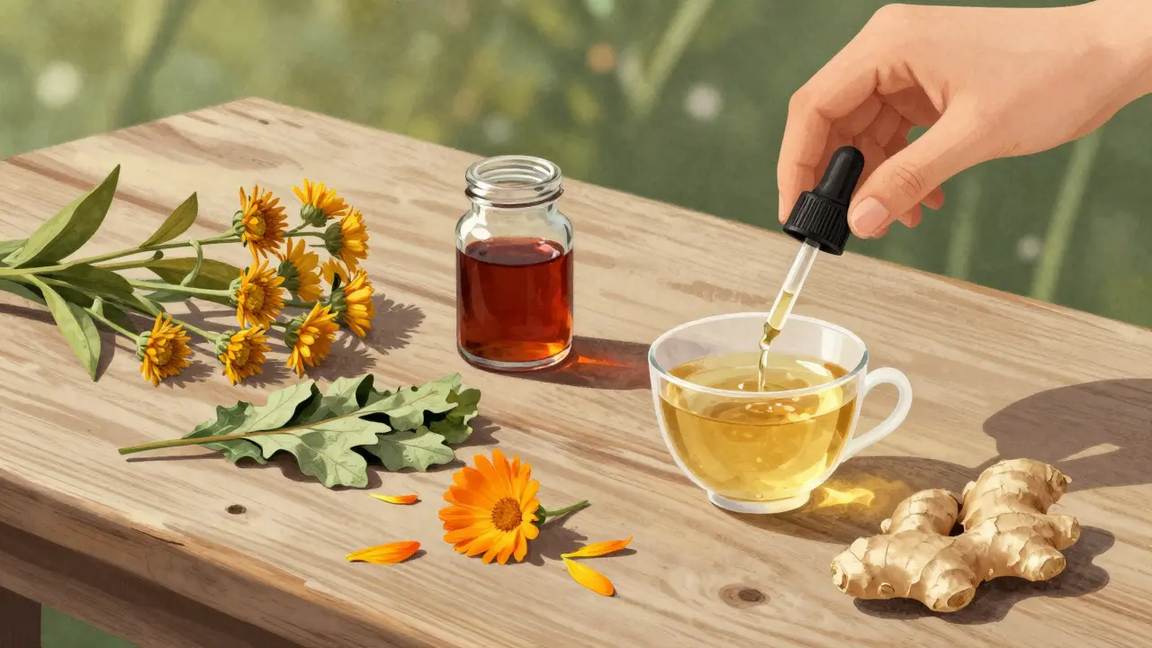 Сушеные лекарственные травы на деревянном столе с маслом