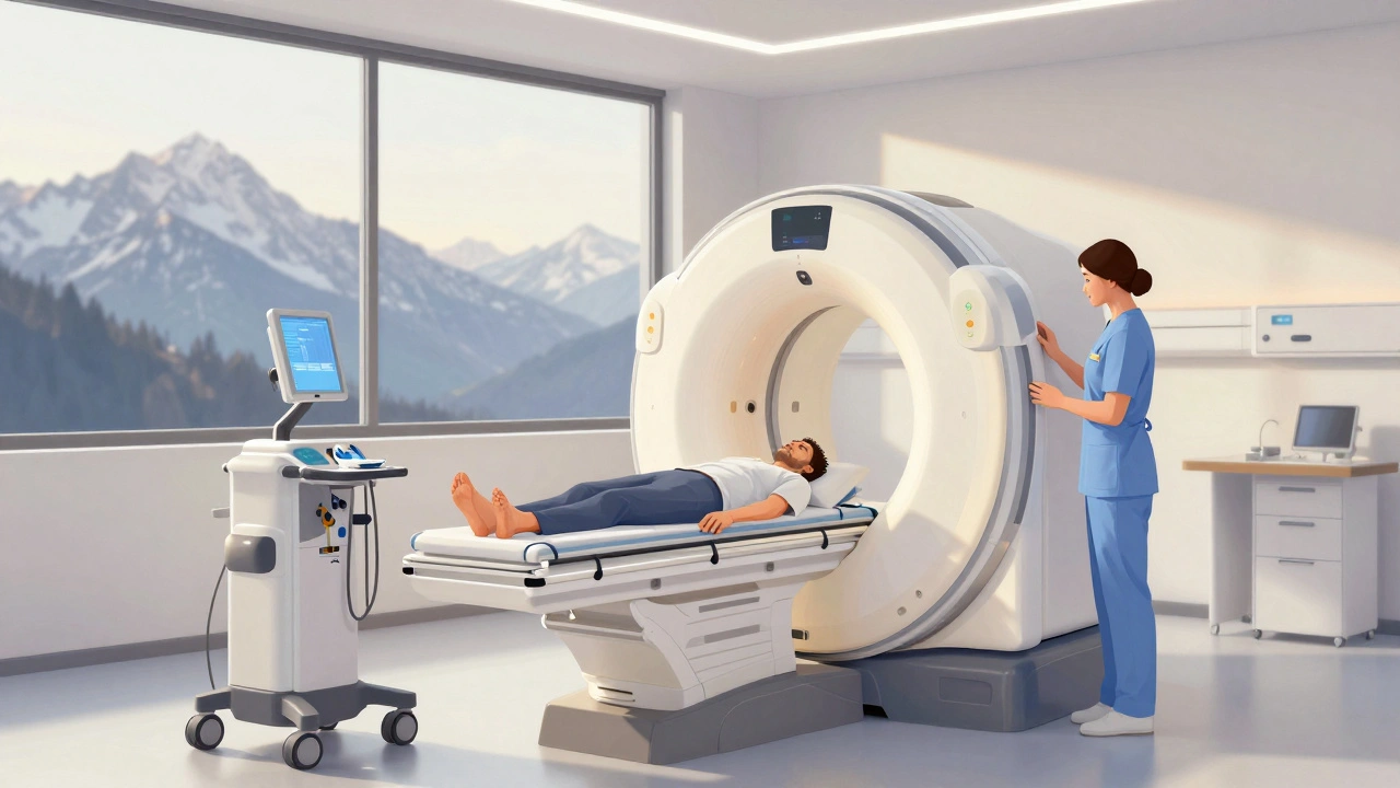 Швейцарский пациент проходит квантовую томографию с видом на Альпы.