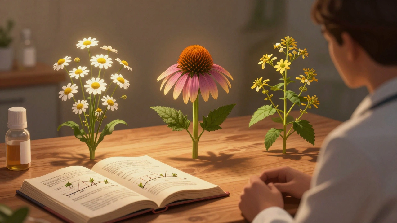 Три лекарственных растения на столе рядом с медицинской книгой и графиками исследований.