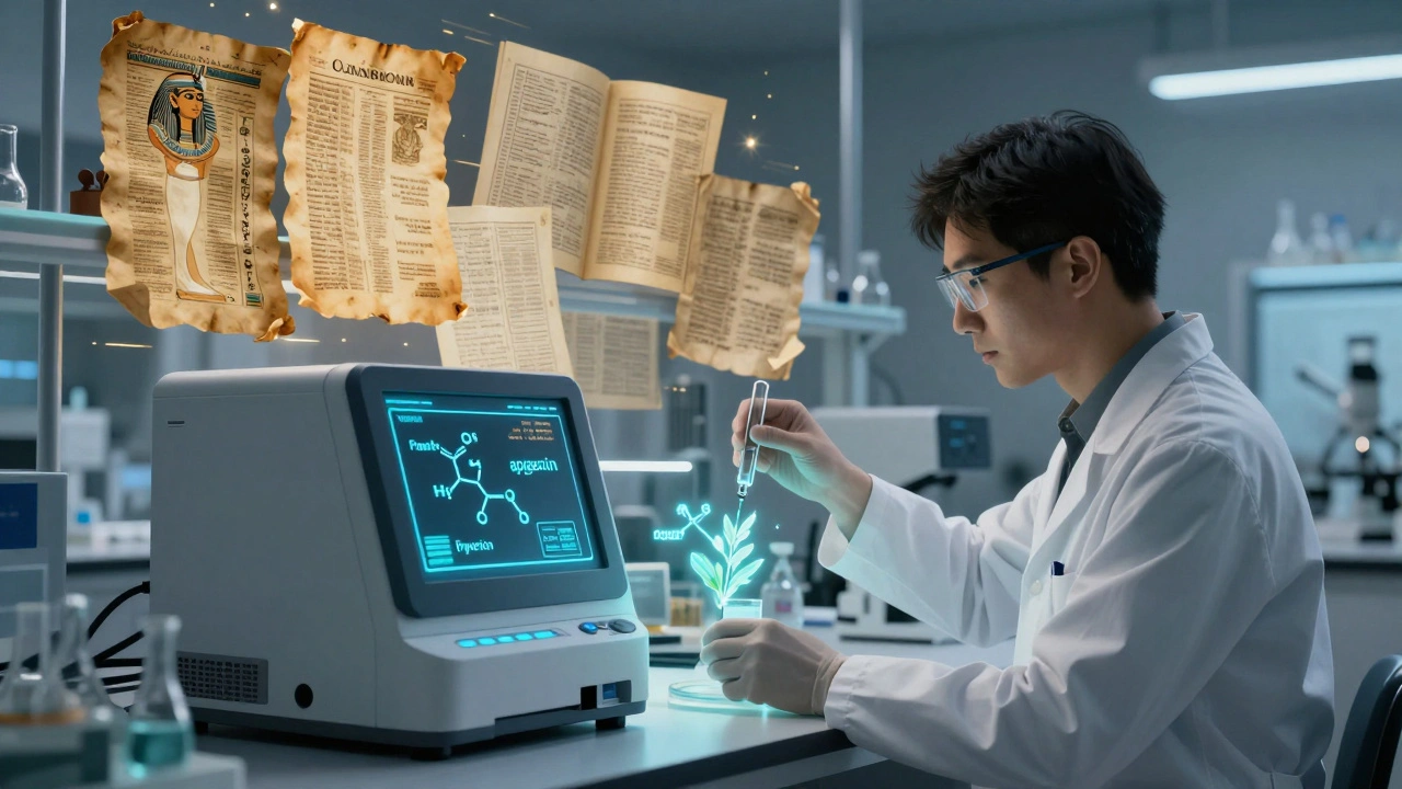Ученые в лаборатории анализируют растительный экстракт с помощью масс-спектрометра, вокруг — древние медицинские тексты.