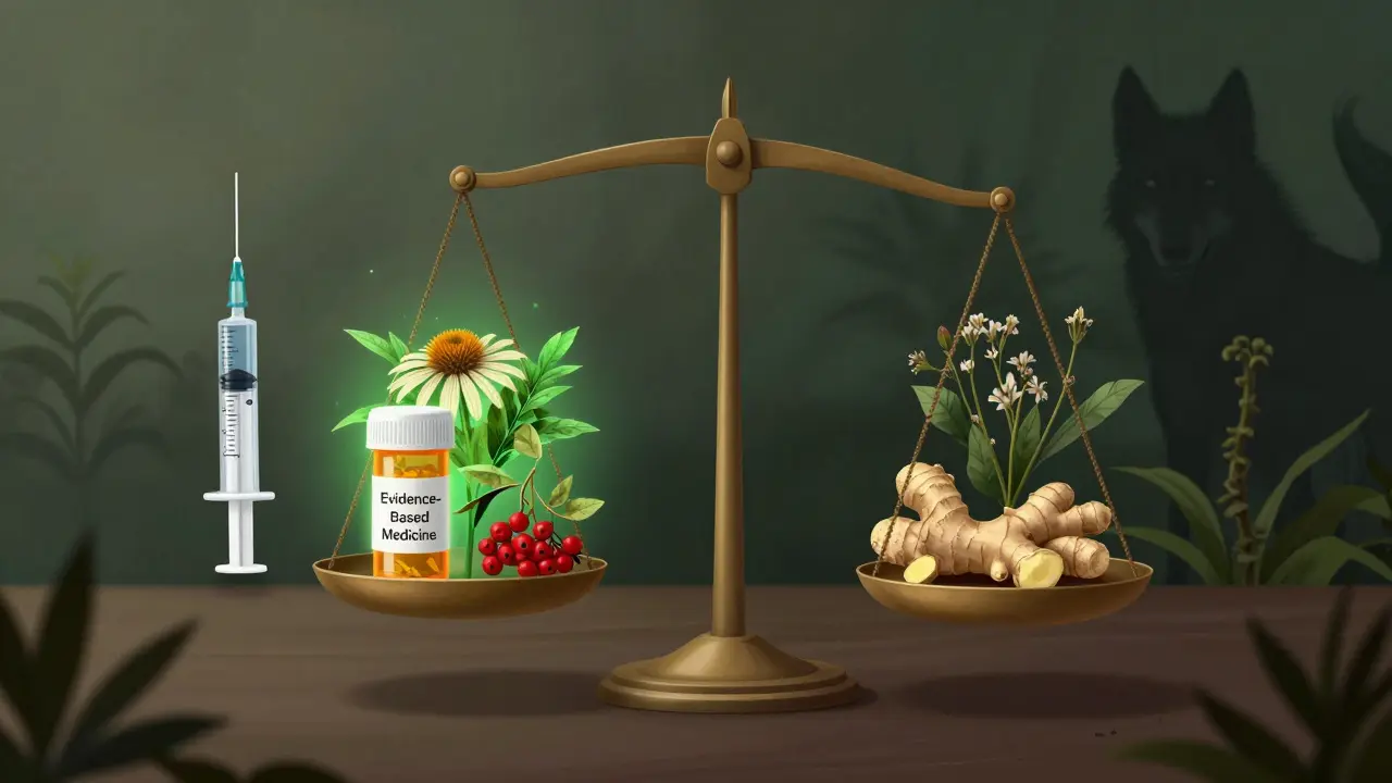 Весы: с одной стороны — лекарства, с другой — безопасные травы, в тени — ядовитые растения.