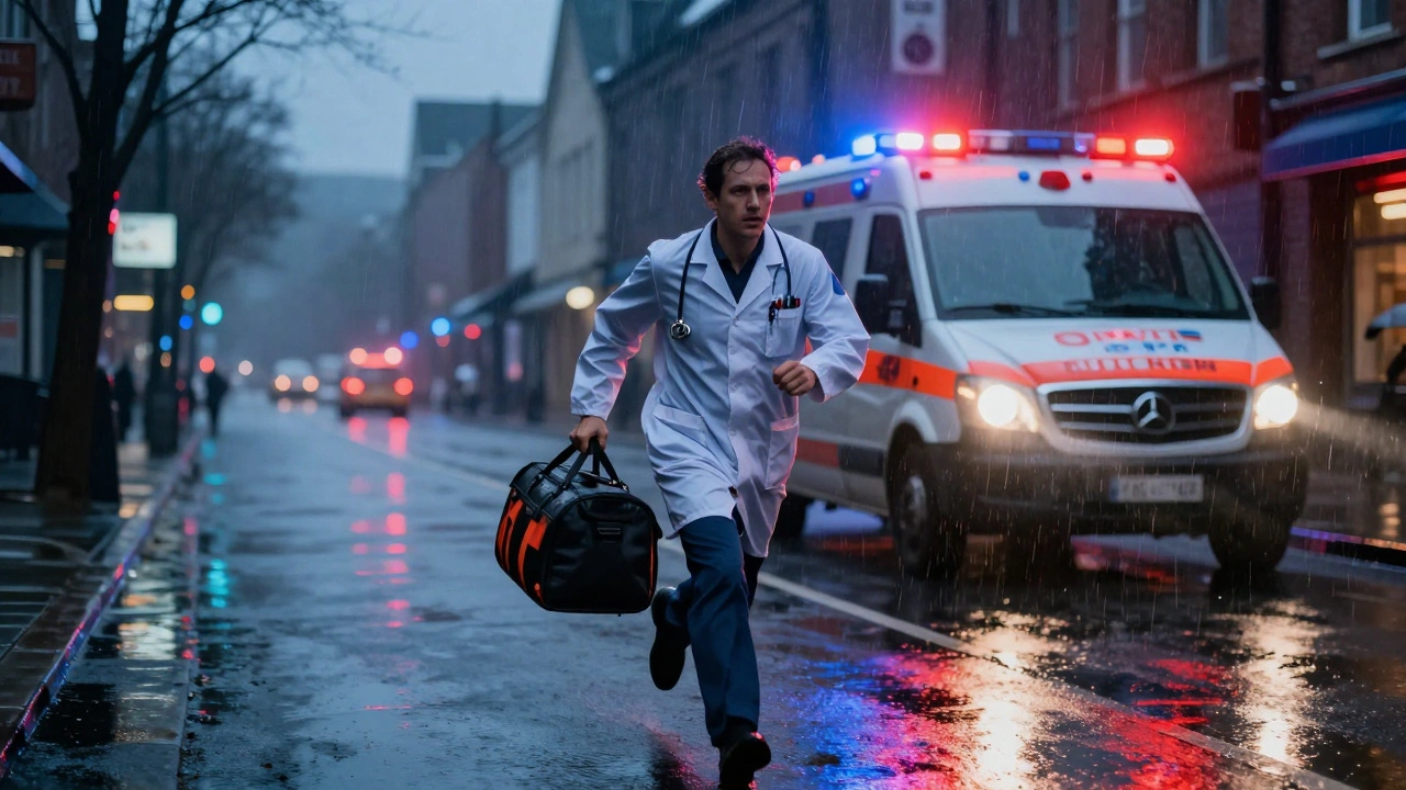 Врач скорой помощи бежит в дождь ночью, мигают синие и красные огни машины, асфальт мокрый.
