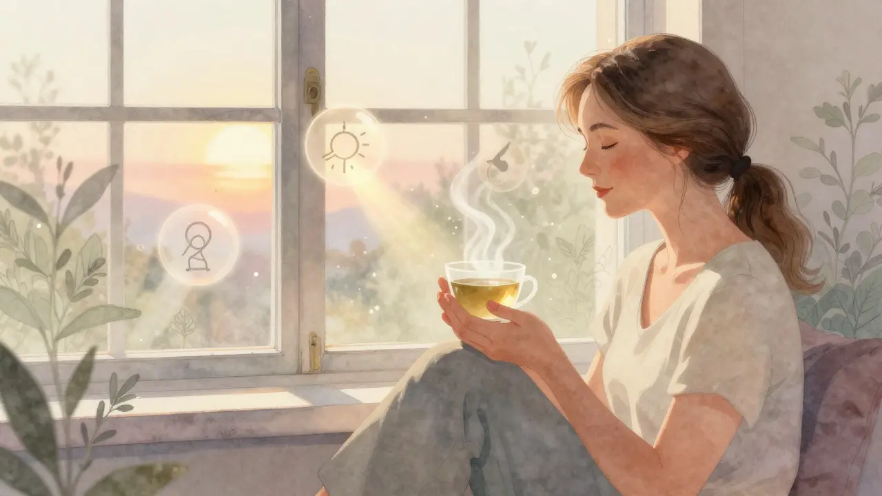Женщина пьёт чай из шалфея при закате, вокруг неё символы гормонального баланса и сна.