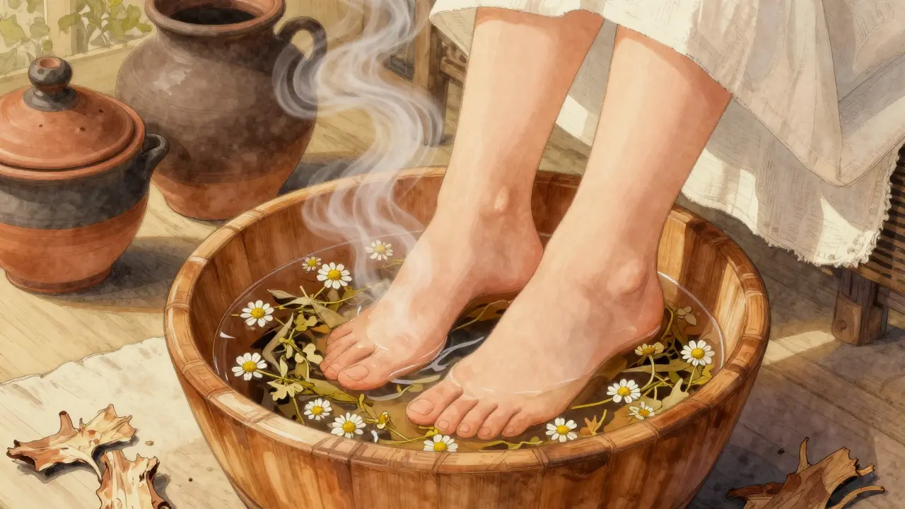 Женщина принимает травяную ванночку для ног с корой дуба и ромашкой в деревянной тазике.